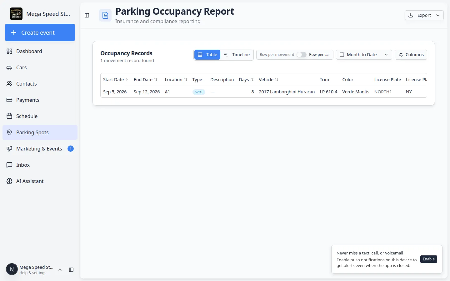 Parking Occupancy Report Export menu showing Export as CSV and Export as PDF Branded options