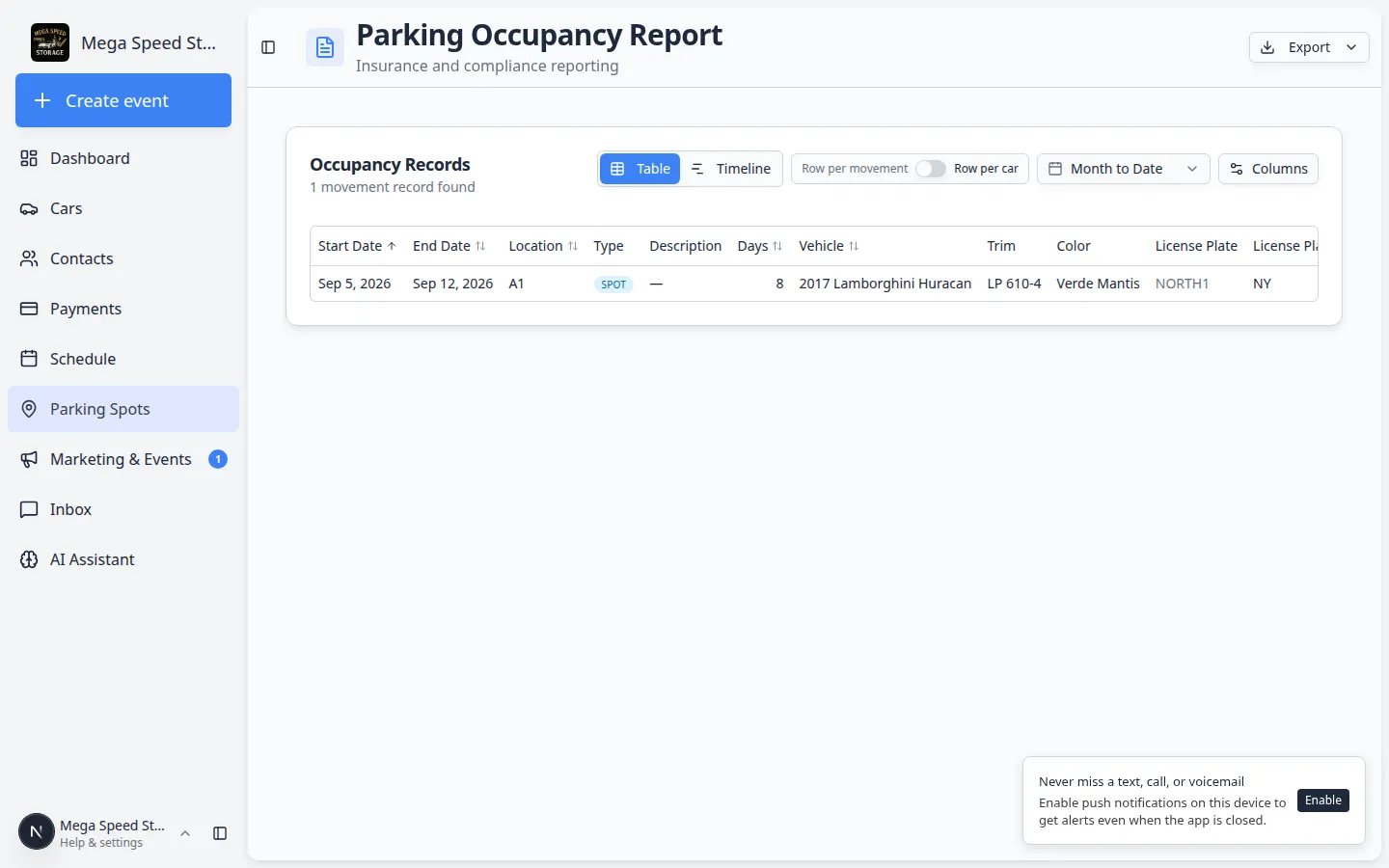 Parking Occupancy Report showing date range controls and assignment rows including spot, zone, and vendor types