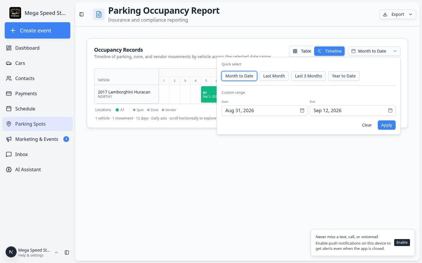 Parking Occupancy Report in Timeline view showing bars for vehicle stays across the selected date range