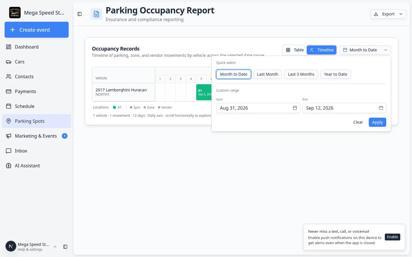 Parking Occupancy Report in Timeline view showing bars for vehicle stays across the selected date range