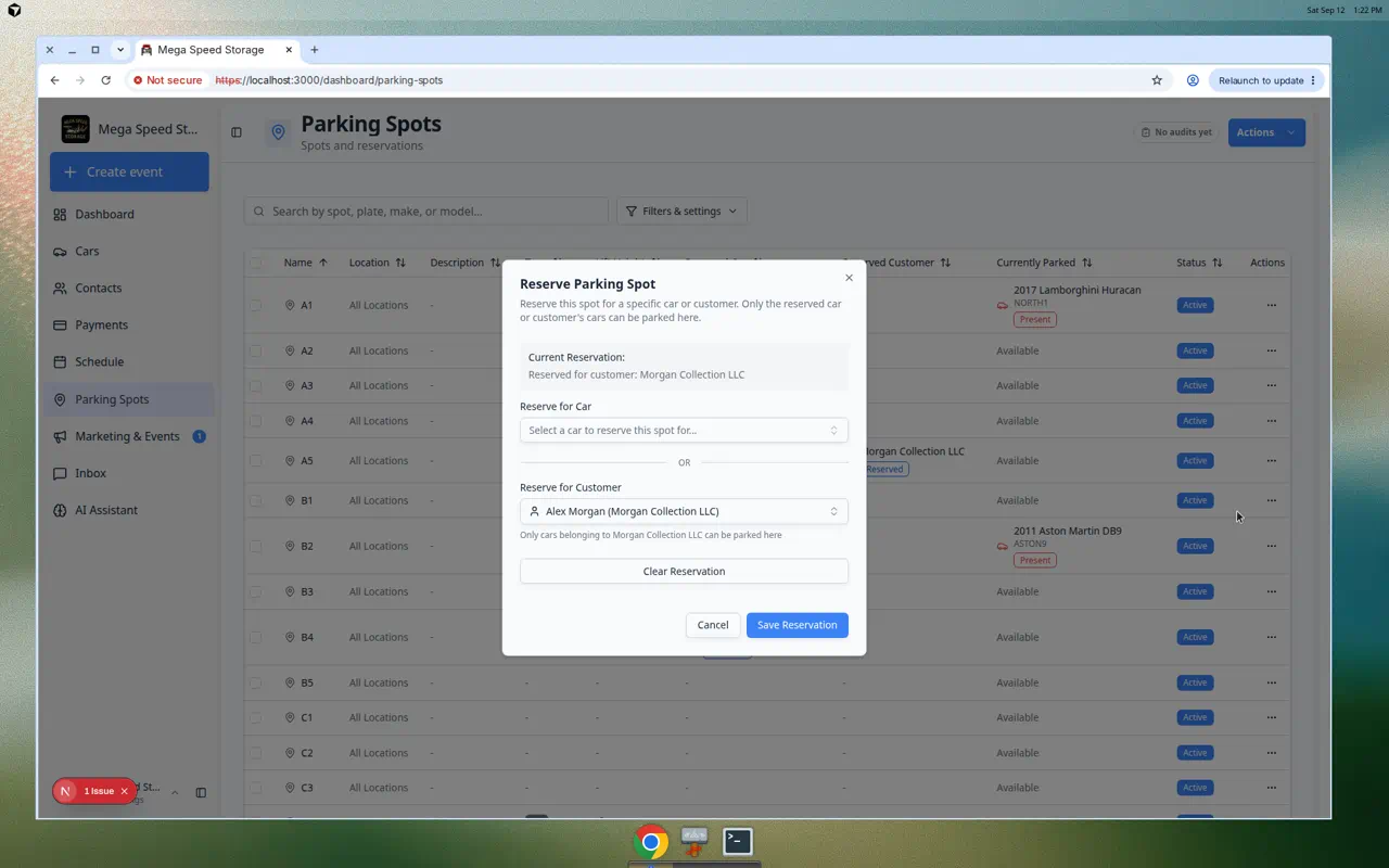 Reserve Parking Spot dialog showing current reservation for Morgan Collection LLC, Reserve for Customer set to Alex Morgan, and buttons Clear Reservation, Cancel, and Save Reservation