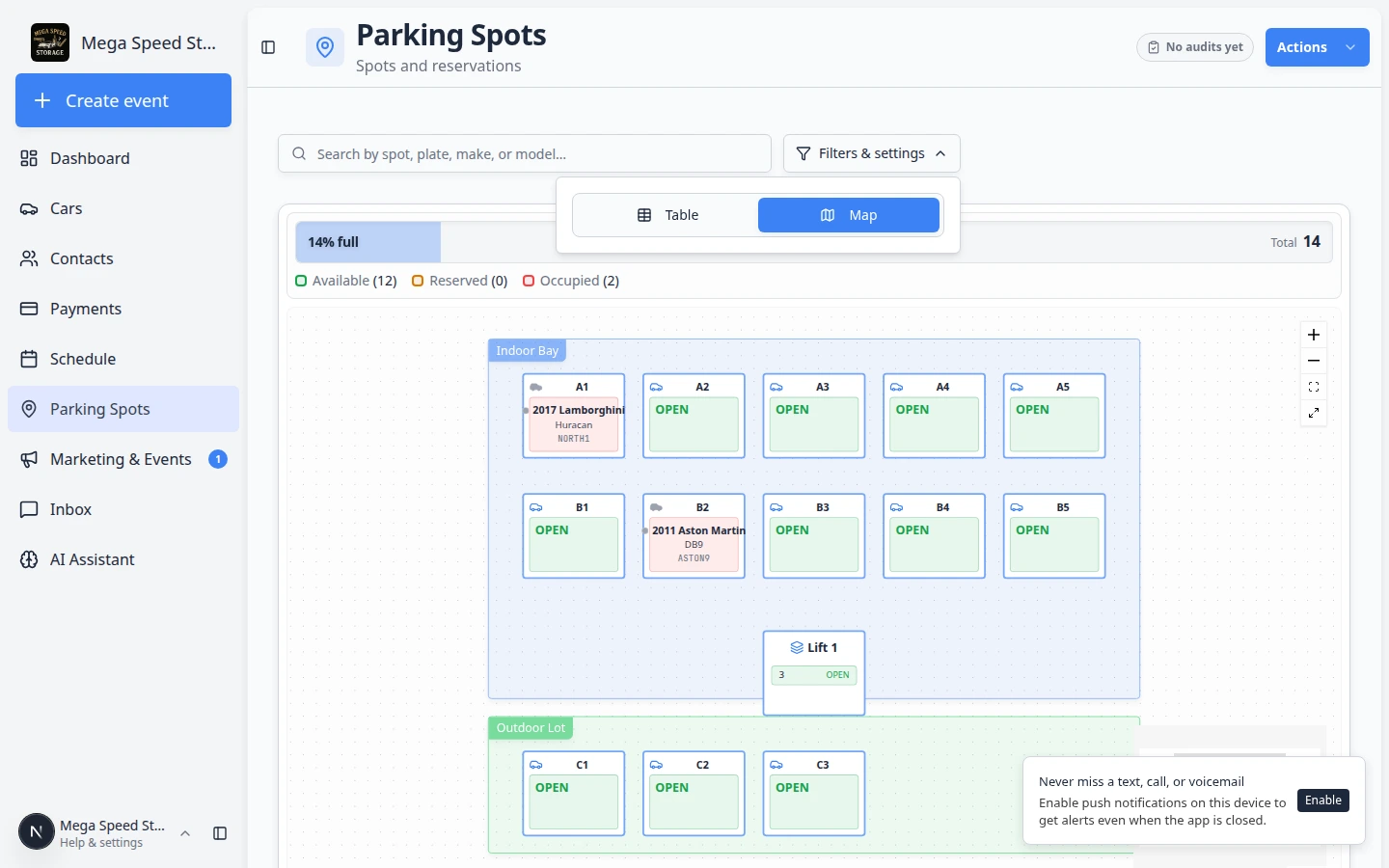 Parking Spots map with search results highlighting a vehicle match