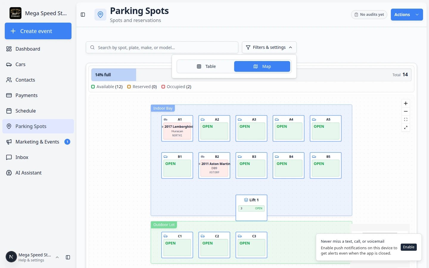 Parking Spots map with search results highlighting a vehicle match