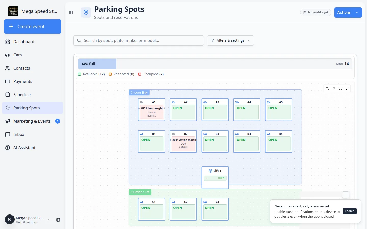 Parking Spots page showing a facility map with named parking spots, occupied and reserved spaces, zones, and availability counts
