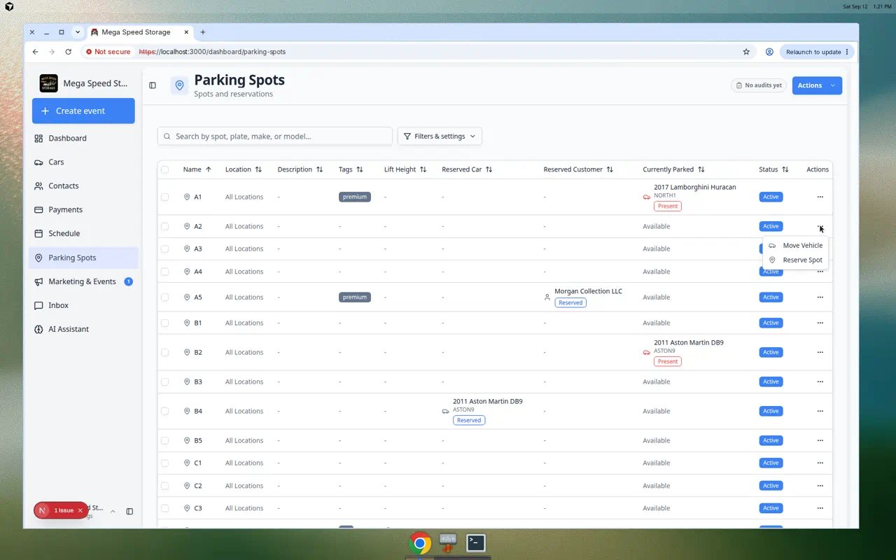 Parking Spots table row menu open showing Reserve Spot and other actions for an available spot