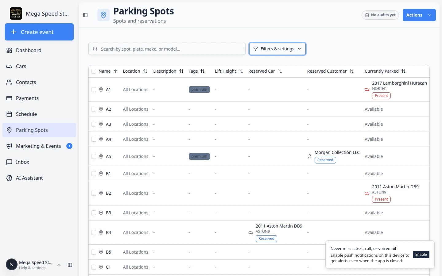 Parking Spots table showing Currently Parked column with Available, Reserved, and Present values