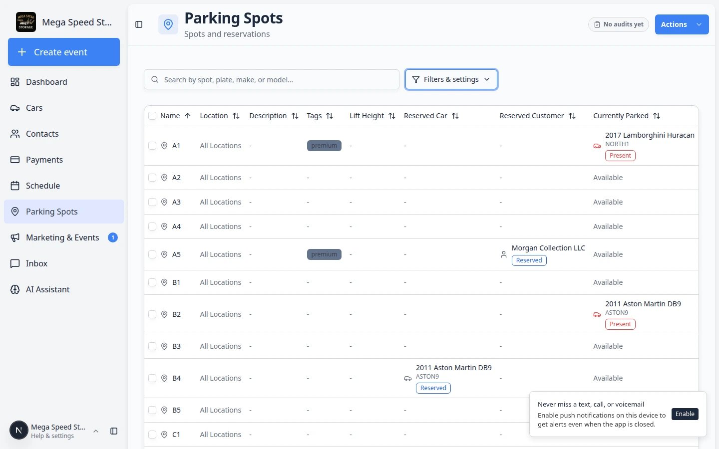 Parking Spots table highlighting Currently Parked badges for Present and Reserved cars and Active status badges in the Status column