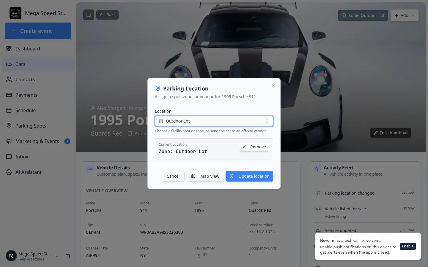 Move location dialog on a car record showing a search field with Vendors section listing Elite Transport Co.