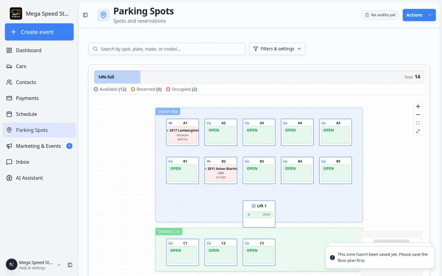 Outdoor Lot zone dialog on the parking map showing capacity and cars assigned to the zone
