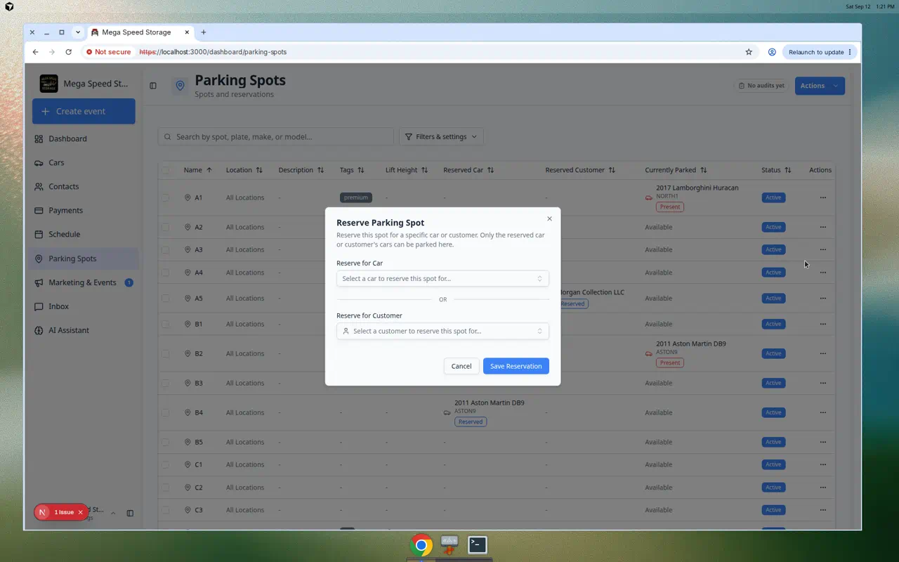 Reserve Parking Spot dialog with options to reserve for a car or customer and search fields to pick the right record