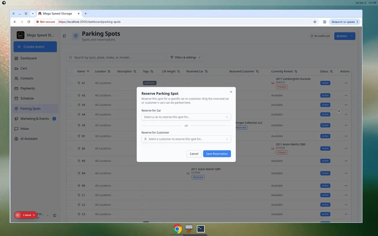Reserve Parking Spot dialog with options to reserve for a car or customer and search fields to pick the right record