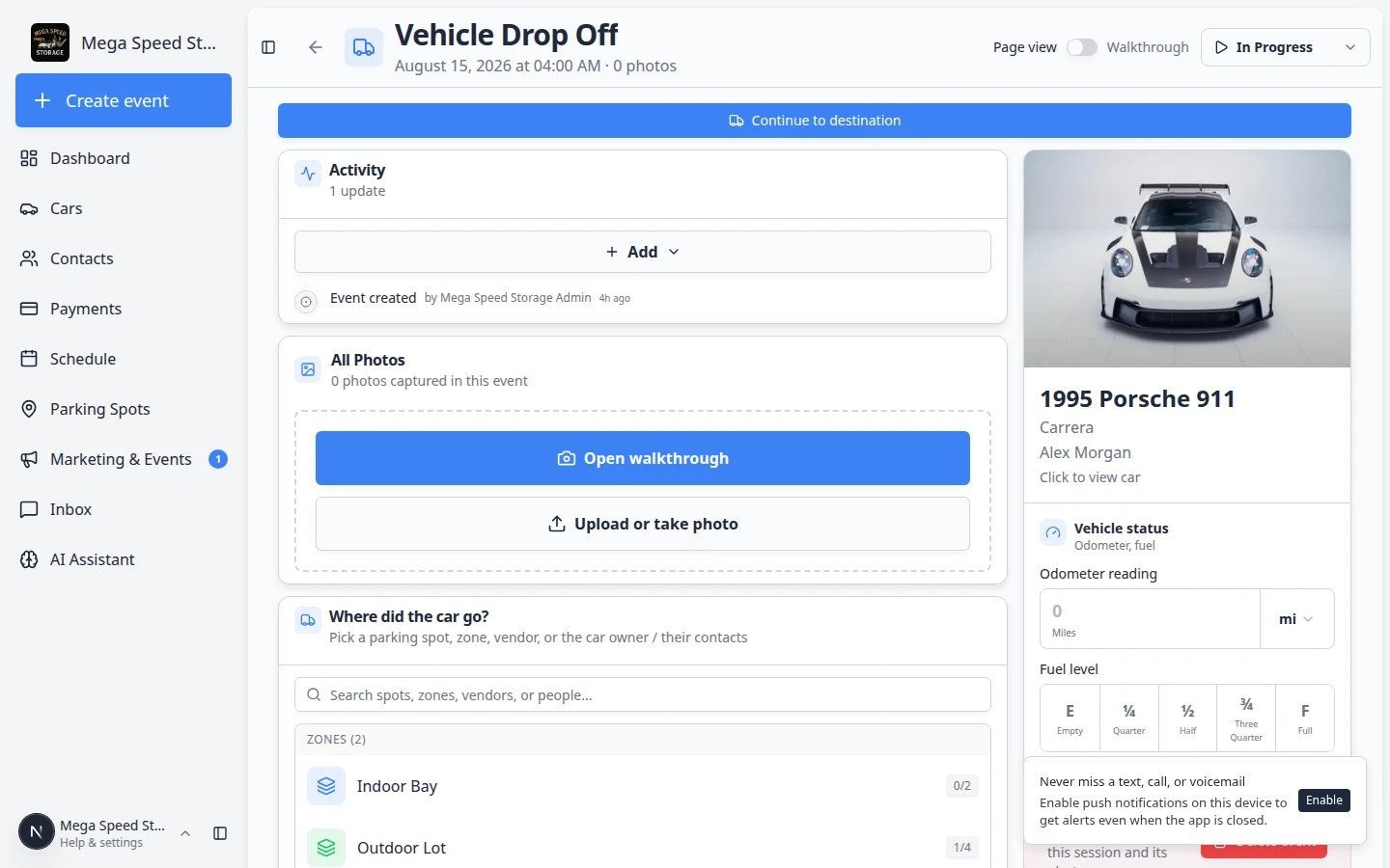 Event workflow page for a vehicle drop-off showing vehicle details, workflow sections, and a Continue to destination button when parking is required