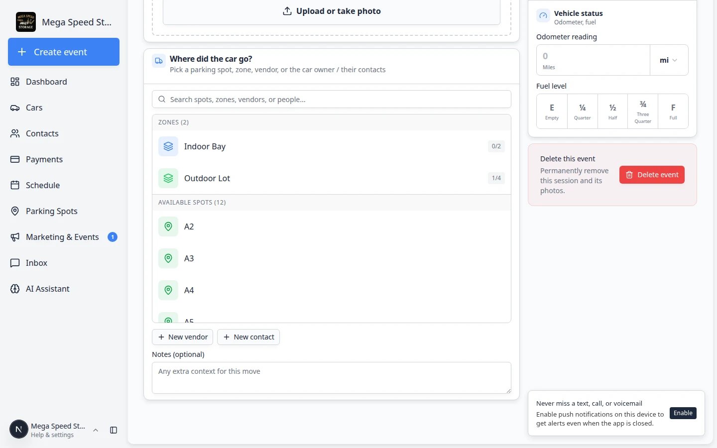 Event workflow showing the parking destination picker with a list of available spots and zones such as A2, A3, Indoor Bay, and Outdoor Lot