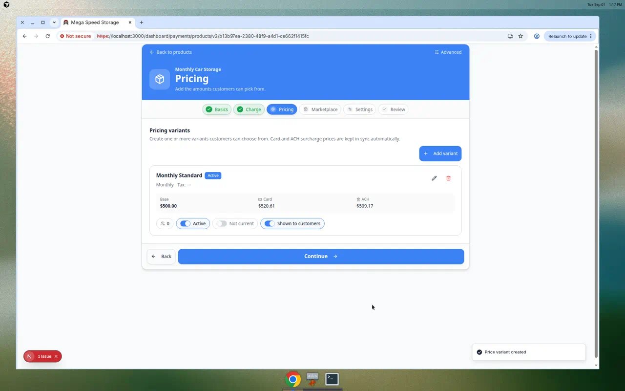 Add pricing variant dialog showing variant name, monthly amount, and card and ACH price breakdown