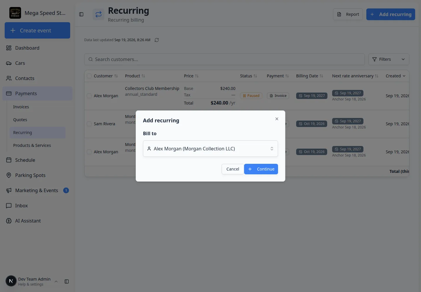 Add recurring window with Bill to set to Alex Morgan Morgan Collection LLC and the Continue button ready
