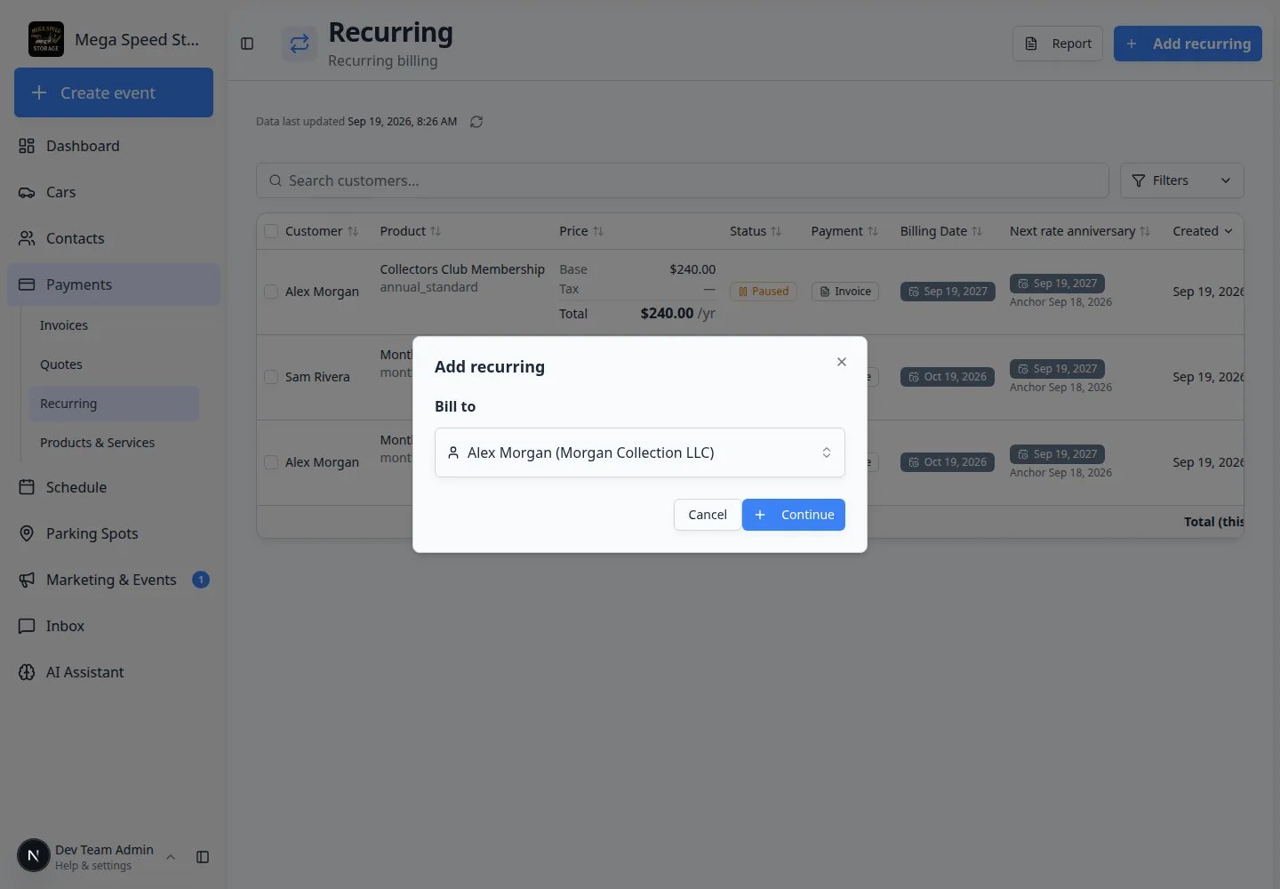 Add recurring window with Bill to set to Alex Morgan Morgan Collection LLC and the Continue button ready