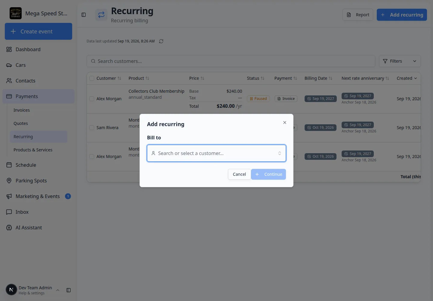 Add recurring window titled Add recurring with a Bill to field that says Search or select a customer, plus Cancel and Continue buttons