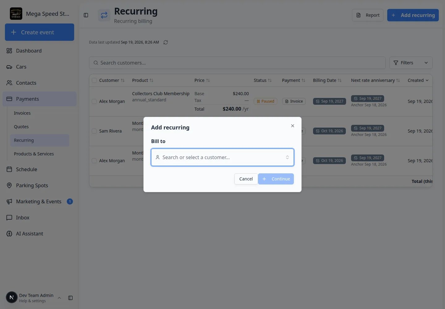 Add recurring window titled Add recurring with a Bill to field that says Search or select a customer, plus Cancel and Continue buttons