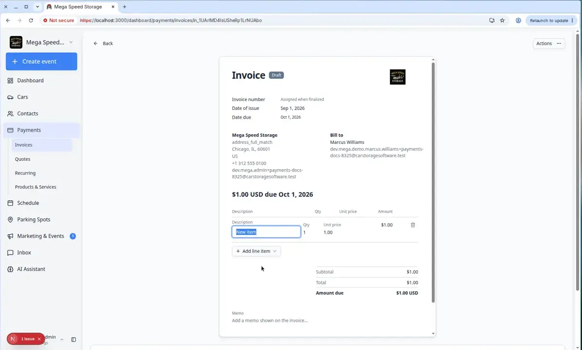 Issue Invoice window showing customer search, payment behavior choices, due date, line items, and invoice total