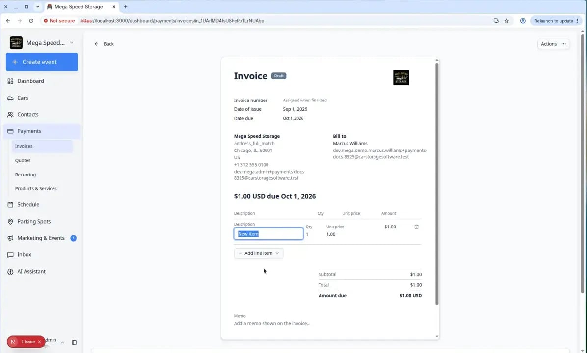 Issue Invoice window with customer selected, line items filled in, and payment behavior options visible