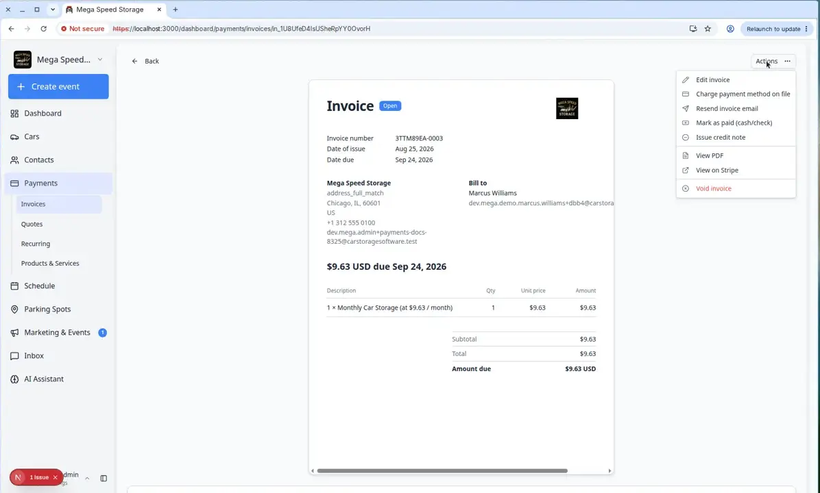 Actions dropdown on an open invoice showing Resend invoice email, Charge payment method on file, Mark as paid, and Issue credit note options