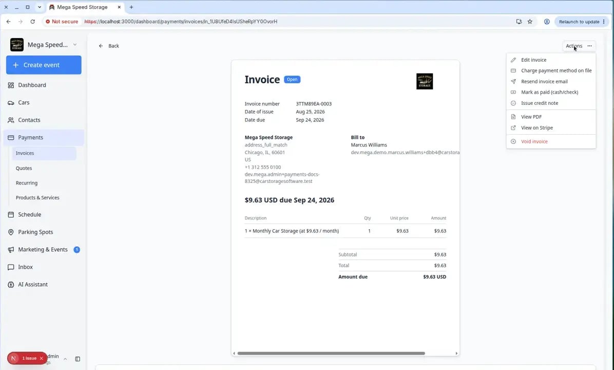 Actions dropdown on an open invoice showing Resend invoice email, Charge payment method on file, Mark as paid, and Issue credit note options