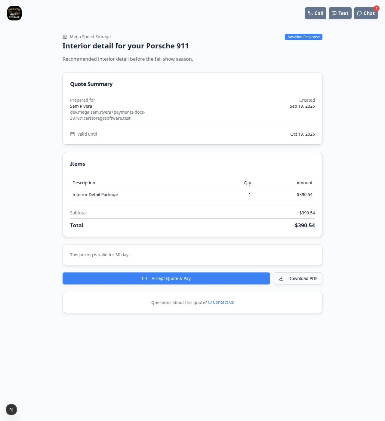 Customer quote page titled Interior detail for your Porsche 911 with Awaiting Response, Quote Summary, Interior Detail Package, total 390.54, and Accept Quote and Pay