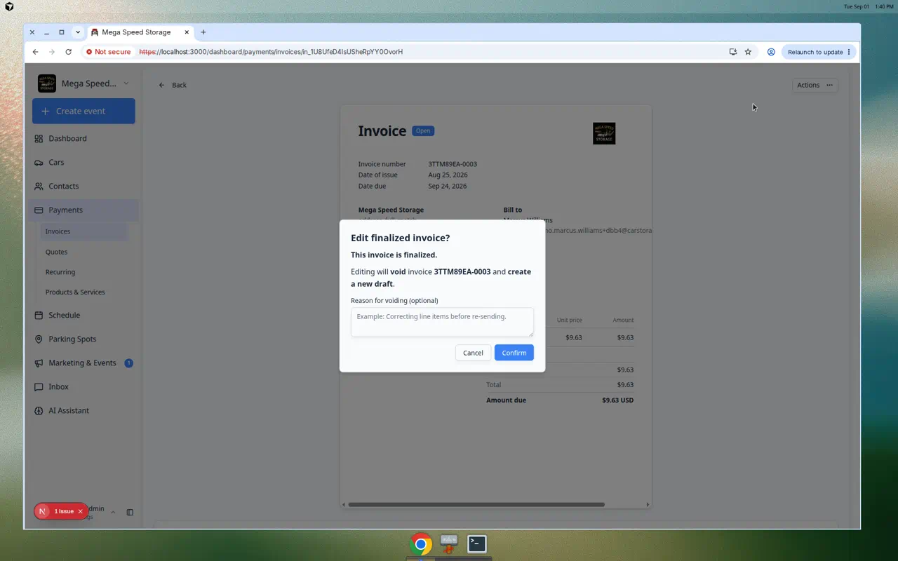 Edit finalized invoice confirmation explaining the current invoice will be voided and a new draft created