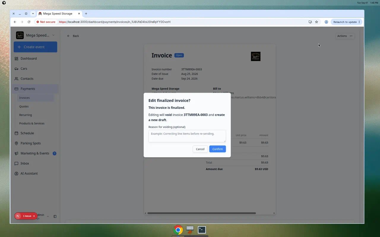Edit finalized invoice confirmation explaining the current invoice will be voided and a new draft created