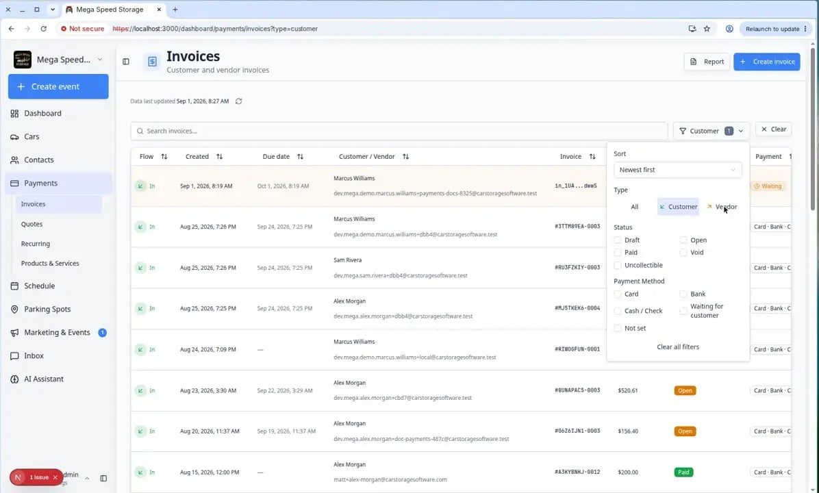 Invoices page with Filters open and Customer type selected, showing invoice rows with status badges and amounts
