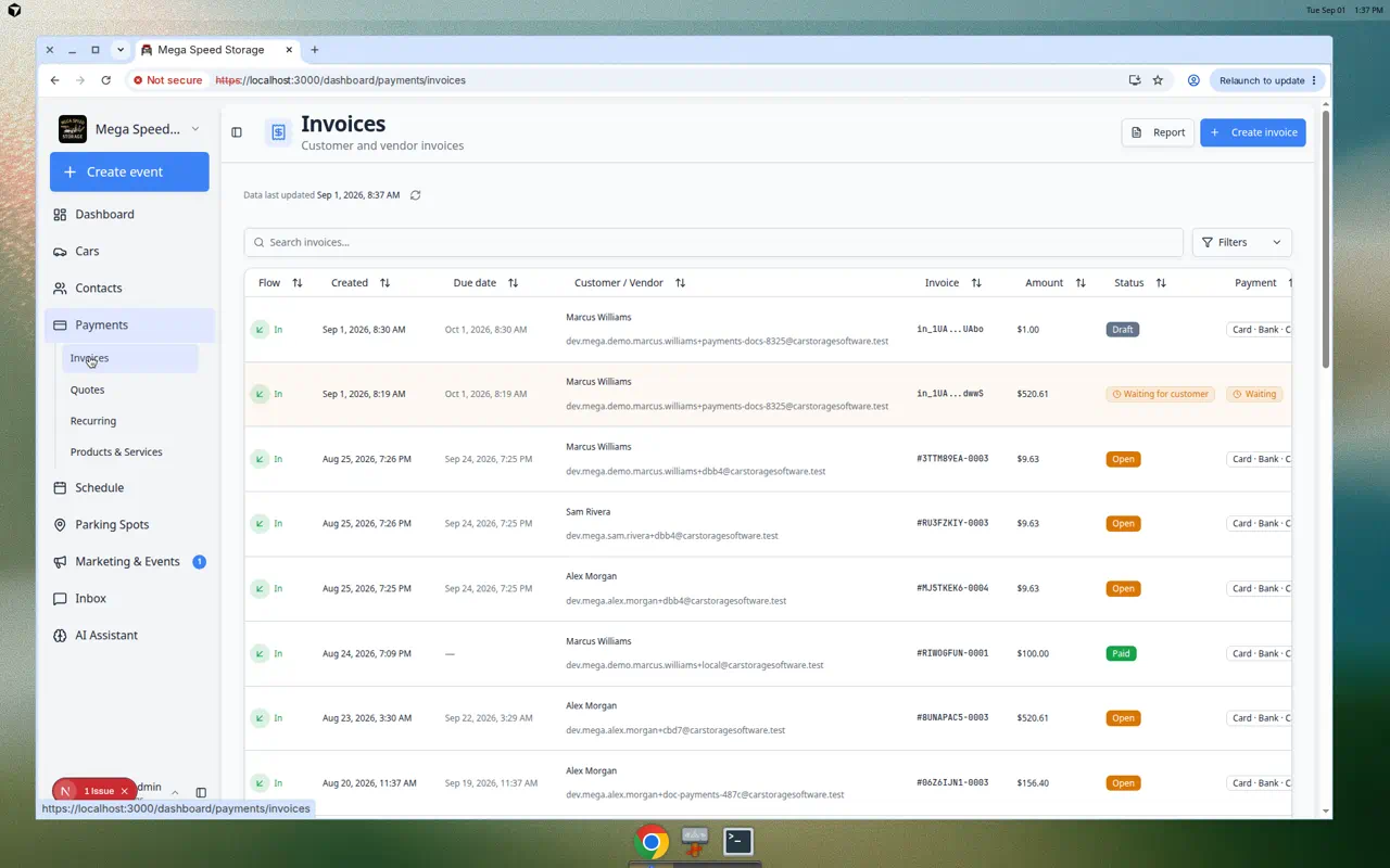 Invoices page with Report button highlighted next to Create invoice