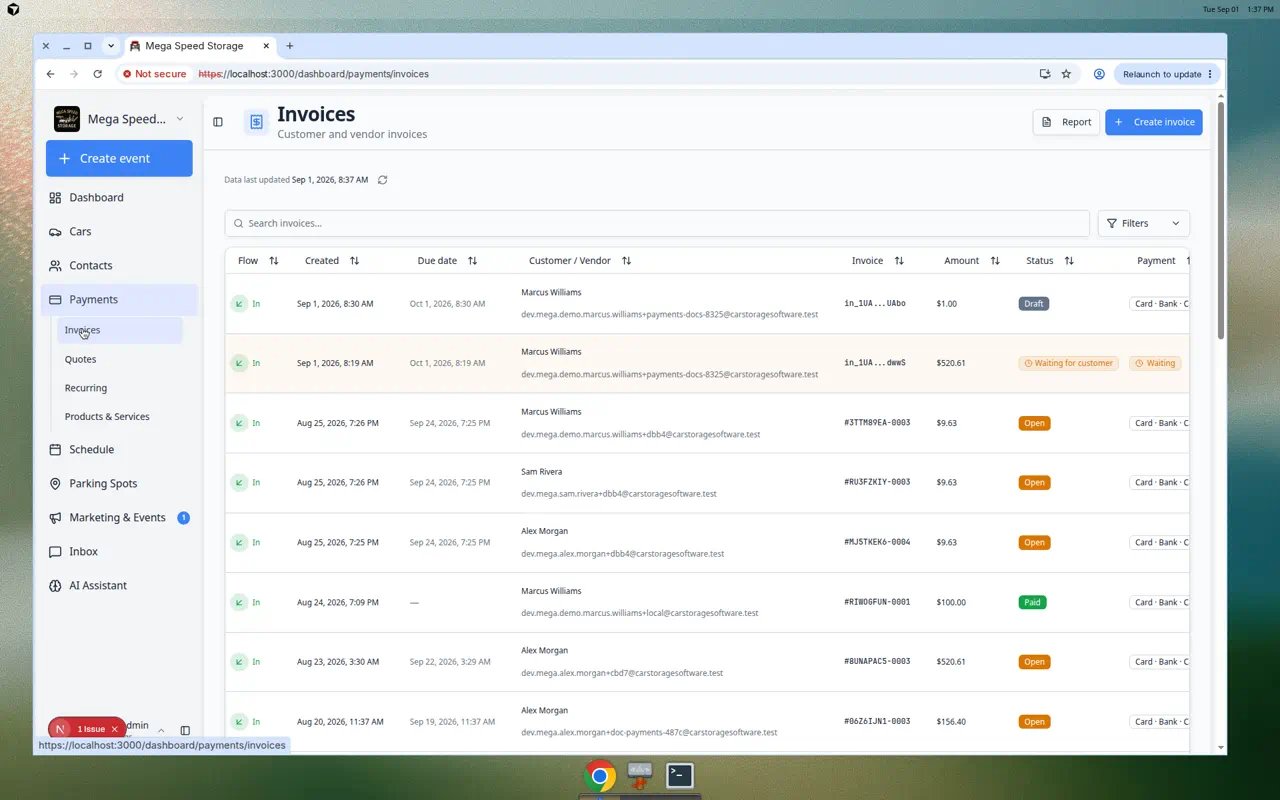 Invoices page with Report button highlighted next to Create invoice