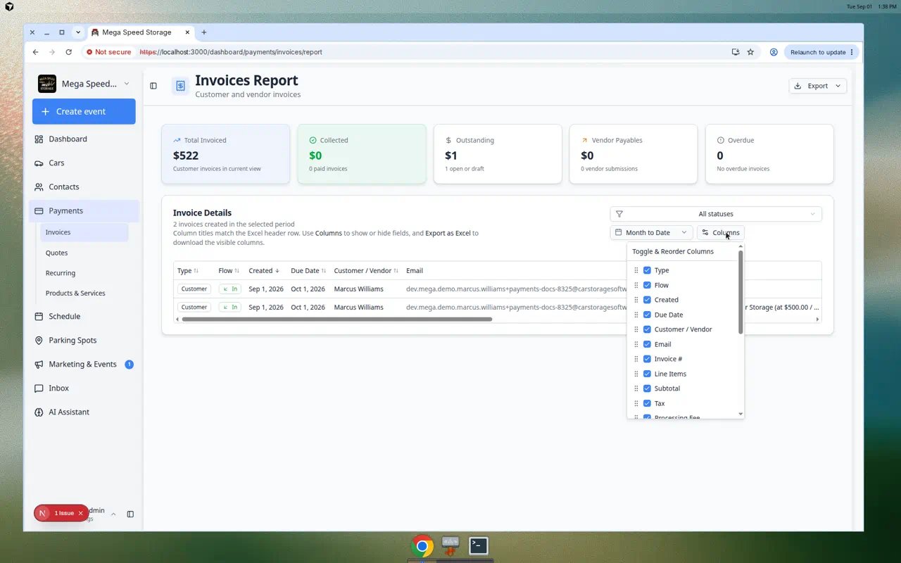 Invoices Report Columns menu showing toggle and reorder options for table fields