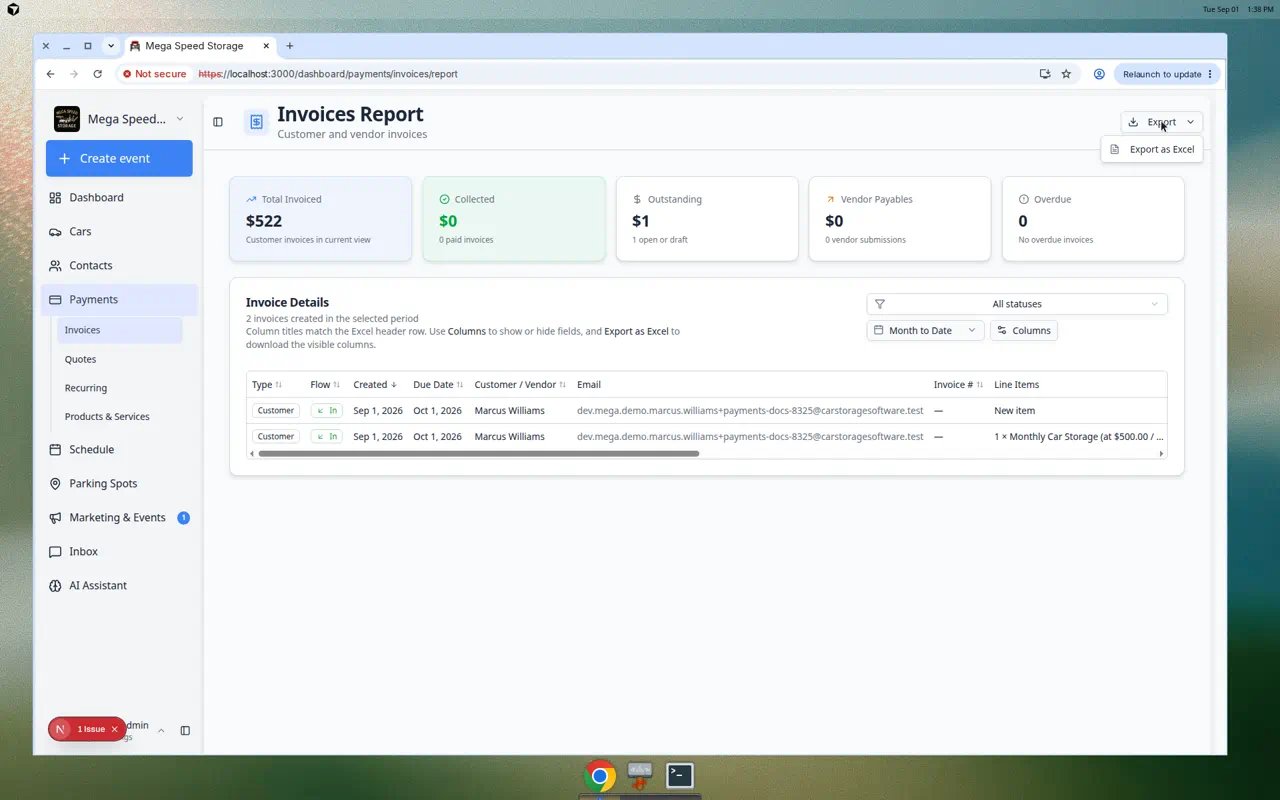Invoices Report Export menu showing Export as Excel option