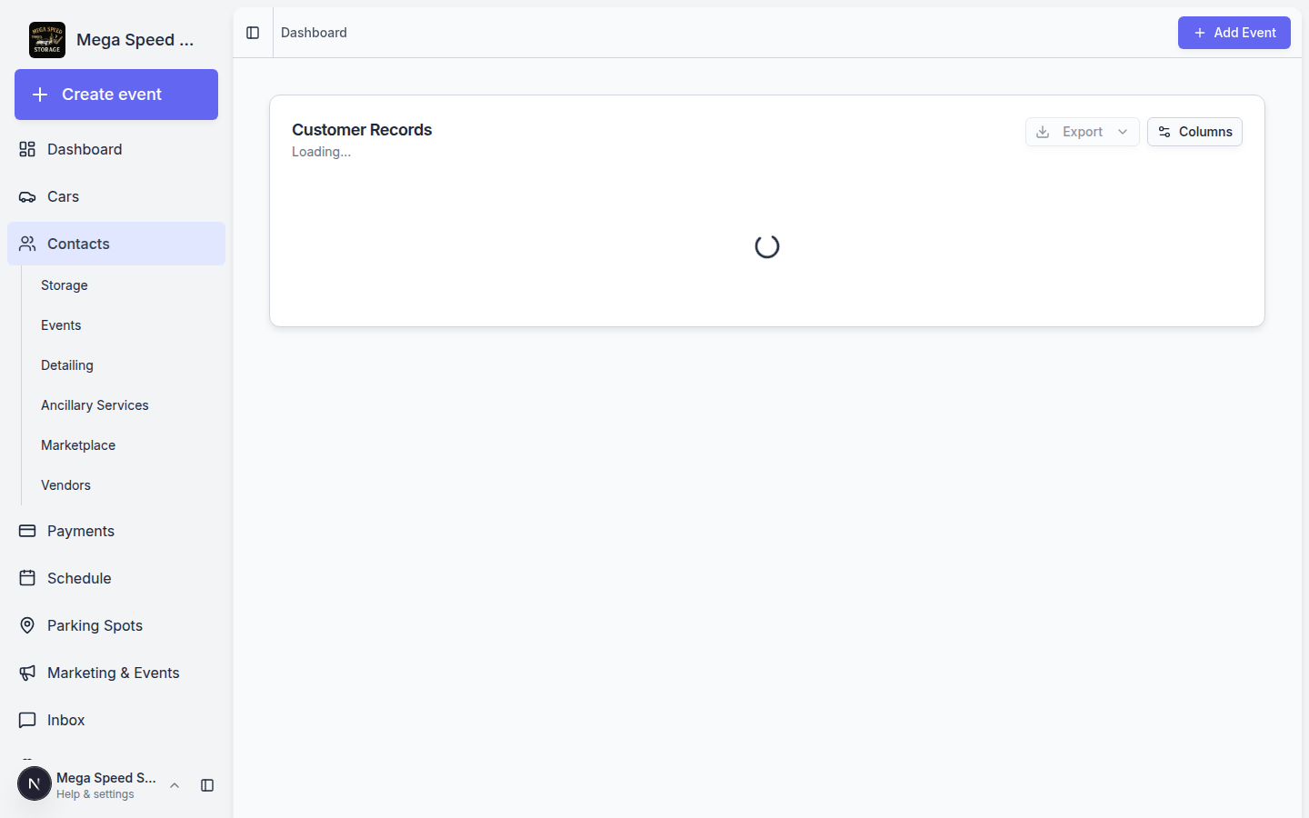 Customer Report page showing a table of customers with name, email, cars, status, and account status columns