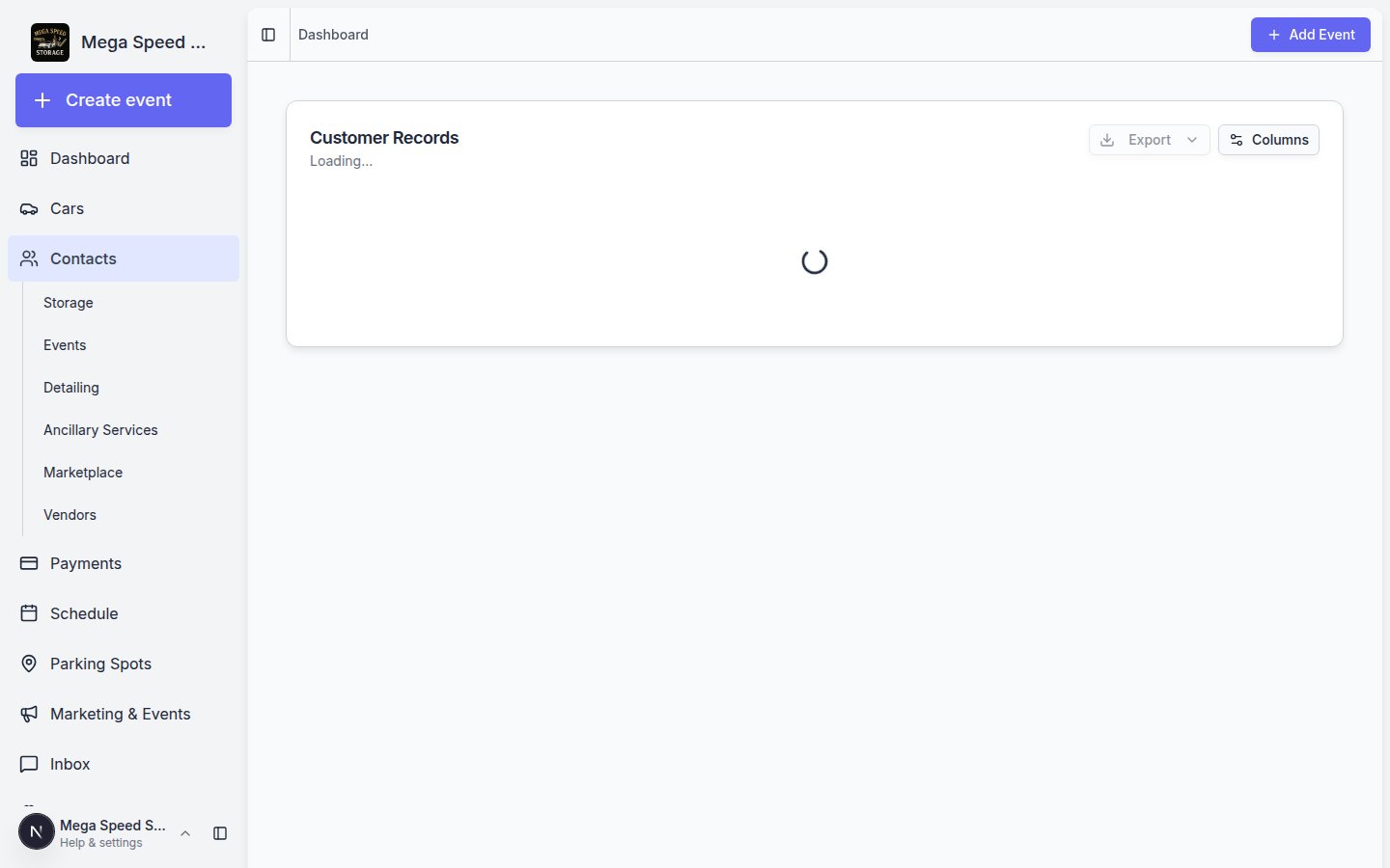 Customer Report page showing a table of customers with name, email, cars, status, and account status columns
