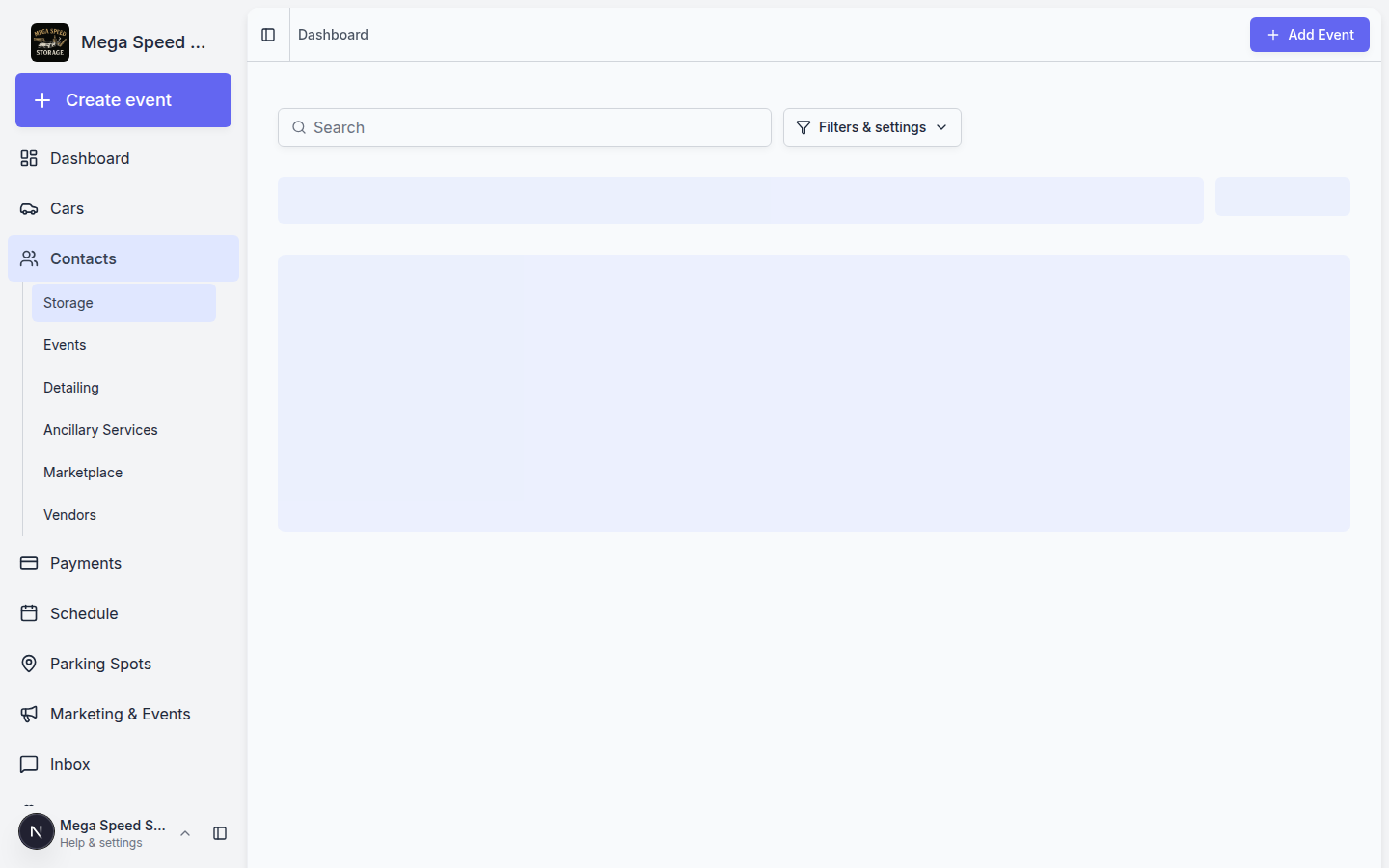 Storage contacts page showing a shorter customer list filtered to storage customers only