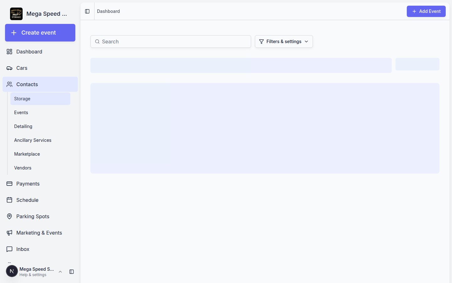 Storage contacts page showing a shorter customer list filtered to storage customers only