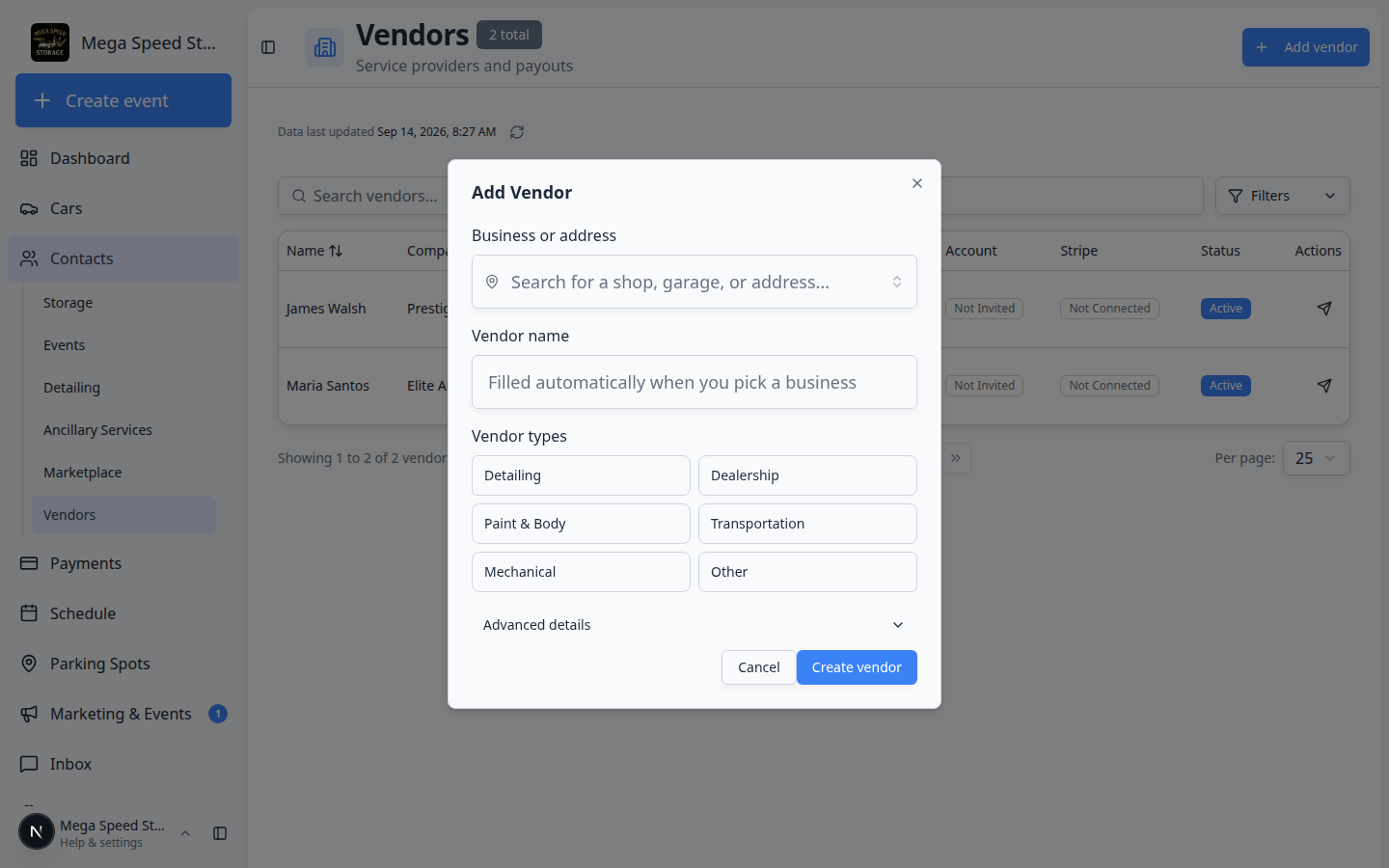 Add vendor dialog showing Company Name, contact fields, vendor type toggles, and Create vendor button