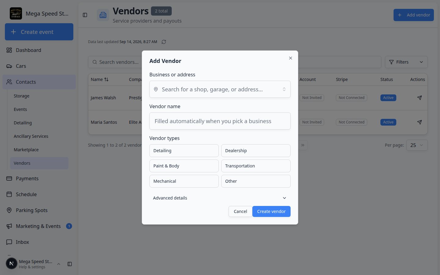 Add vendor dialog showing Company Name, contact fields, vendor type toggles, and Create vendor button