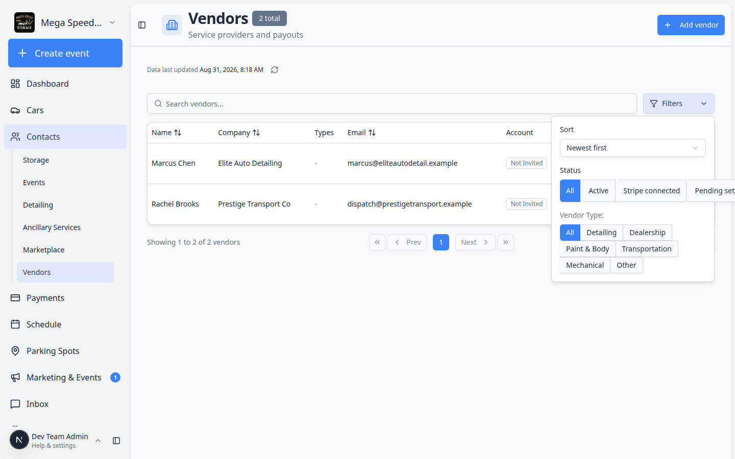 Vendors page Filters and Settings panel showing Active status and vendor type options
