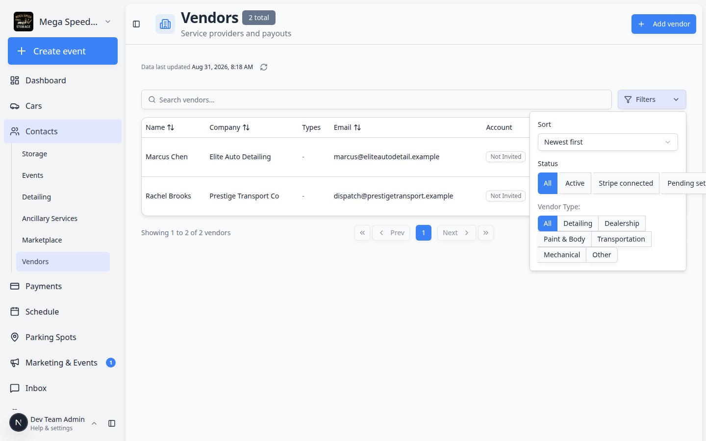 Vendors page Filters and Settings panel showing Active status and vendor type options