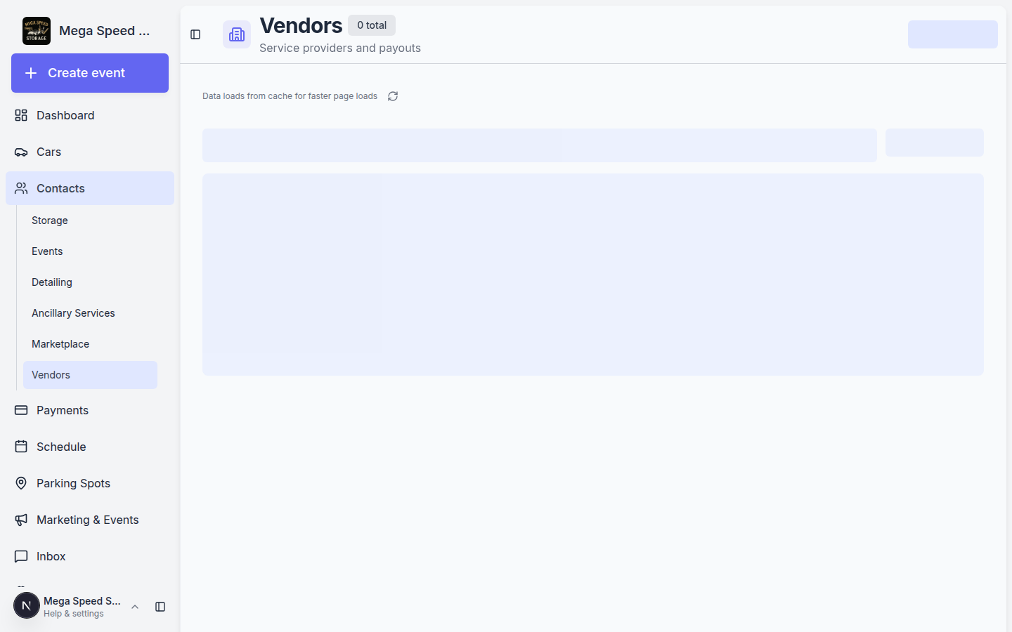 Vendors page under Contacts showing service providers with contact details and payment status