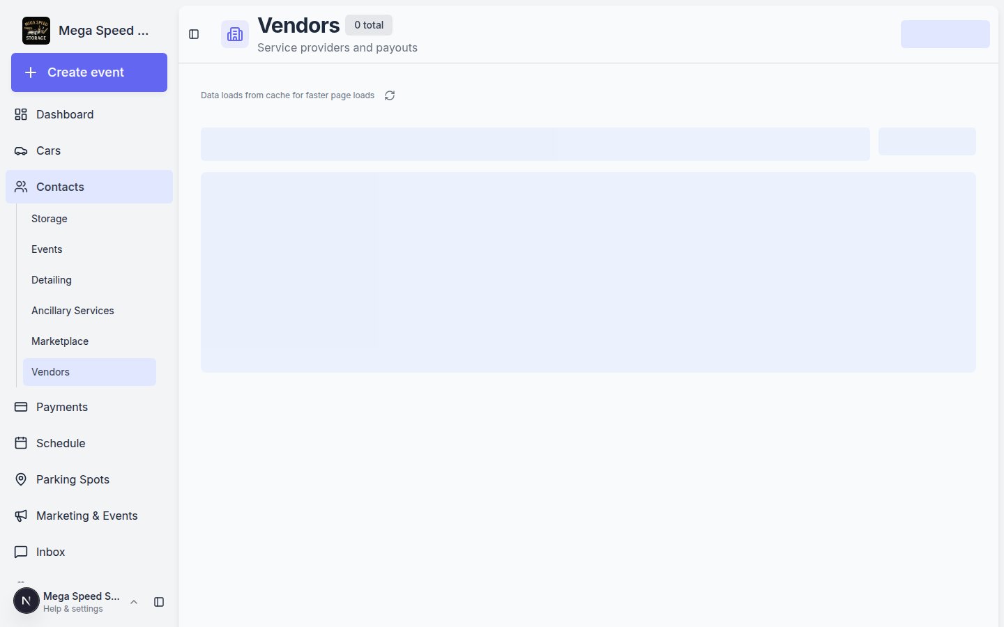 Vendors page under Contacts showing service providers with contact details and payment status
