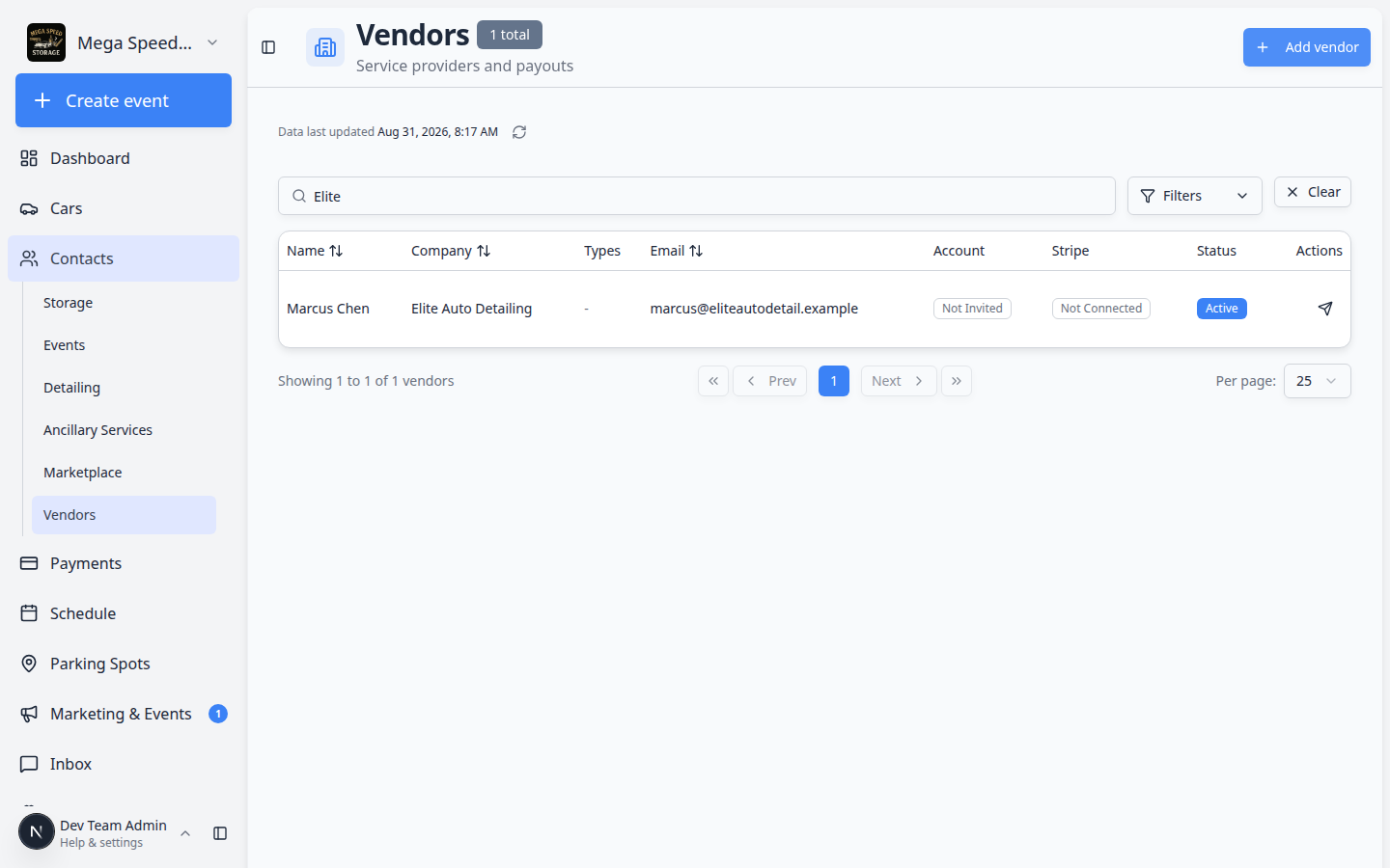 Vendors page with Search vendors field showing Elite and one matching row for Elite Auto Detailing