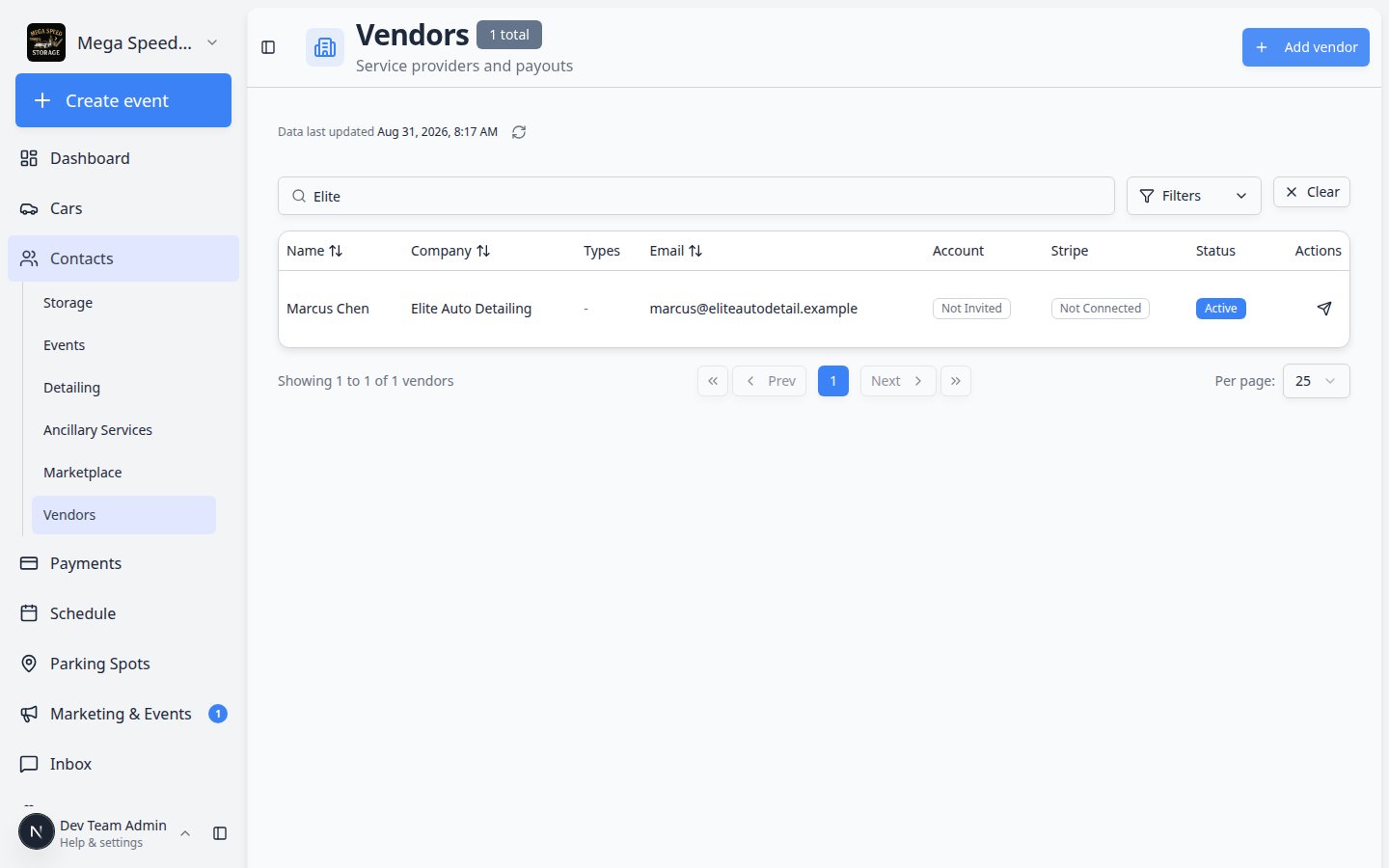 Vendors page with Search vendors field showing Elite and one matching row for Elite Auto Detailing