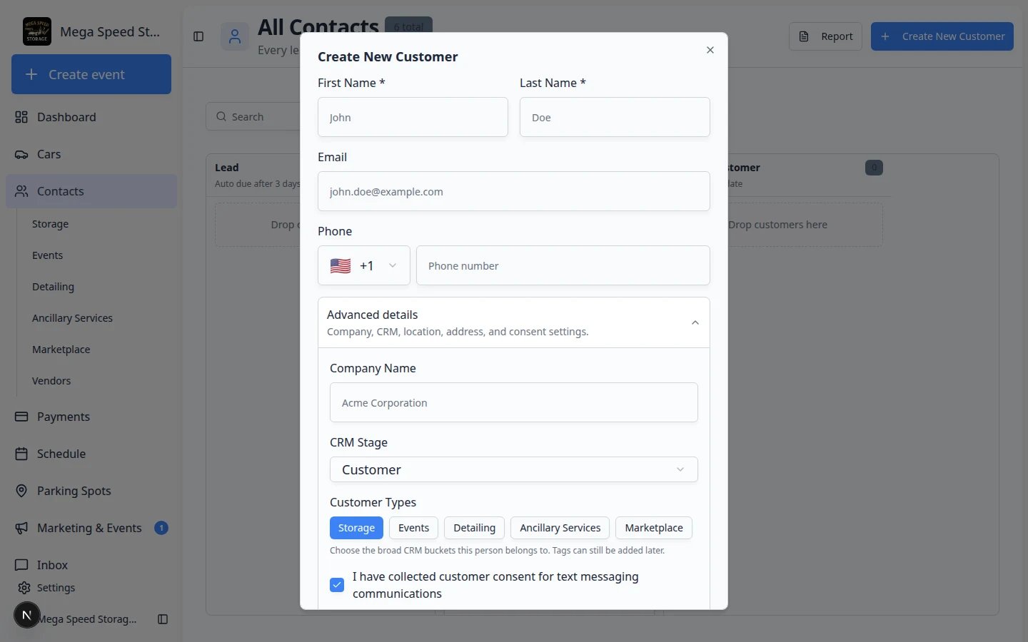 Create New Customer dialog with Advanced details expanded showing CRM Stage, Customer Types, and address fields