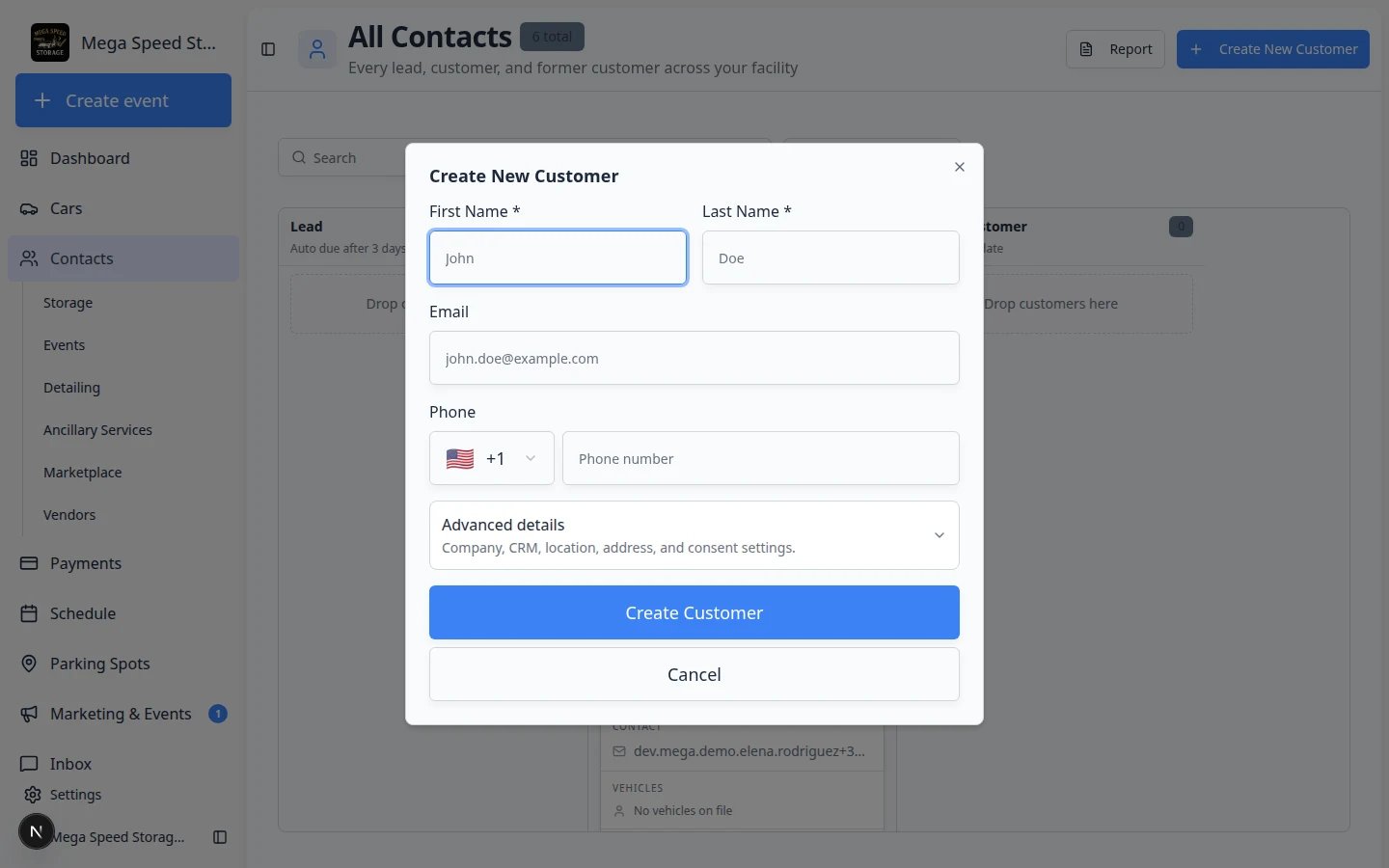 Create New Customer dialog showing first name, last name, email, phone, and Advanced details section