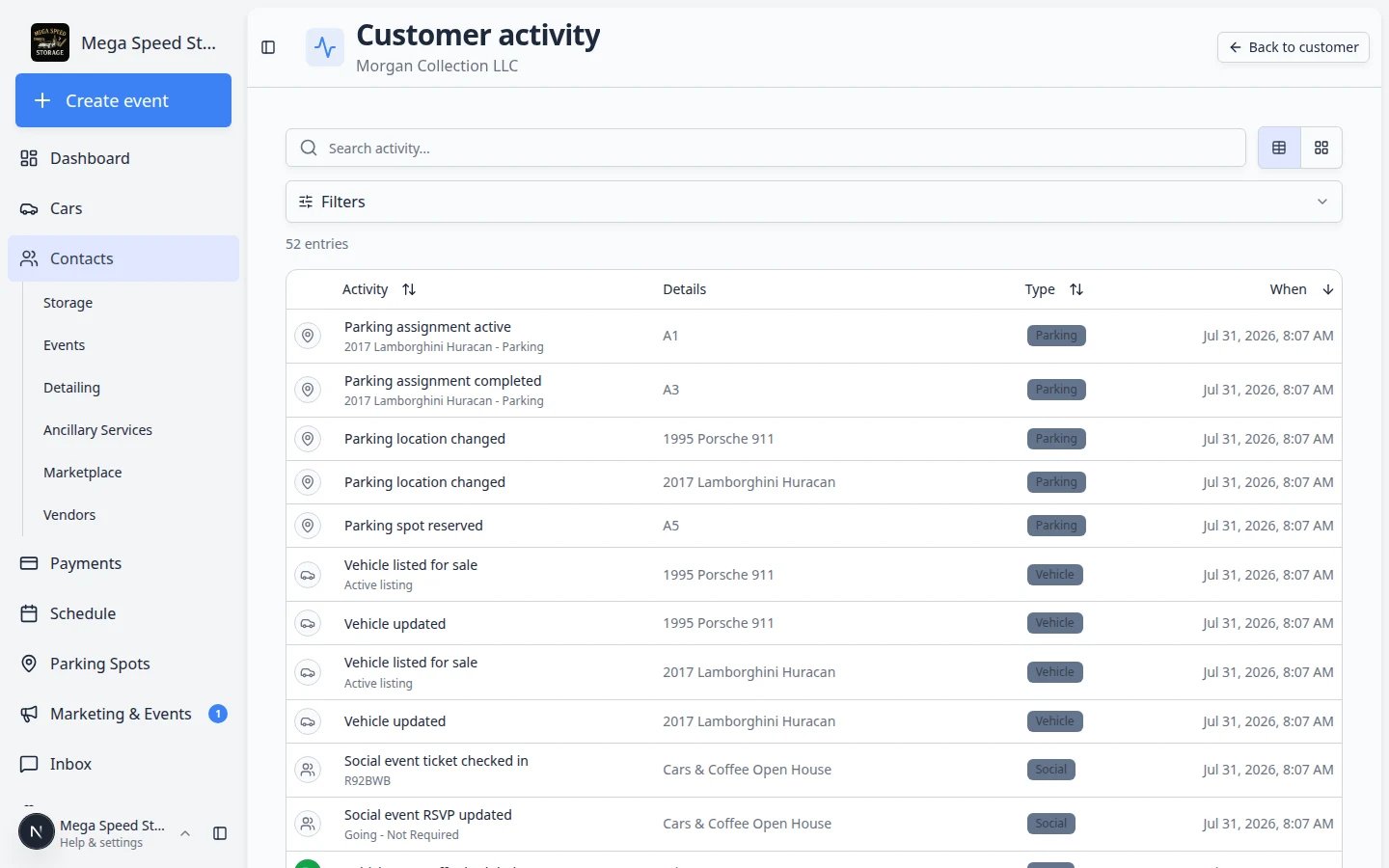 Full customer Activity page showing a scrollable timeline of emails, texts, invoices, and events