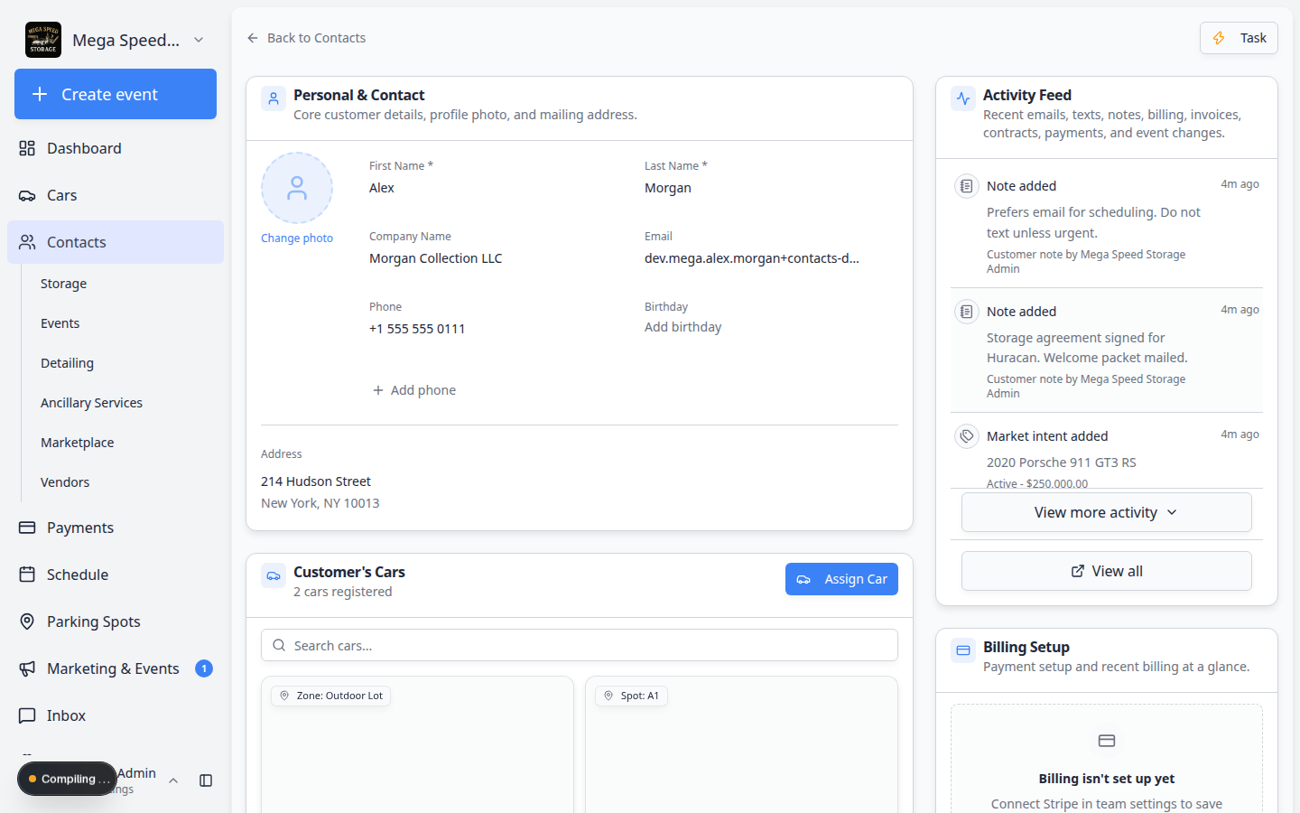 Activity Feed on a customer detail page showing recent messages, notes, and billing events in one timeline